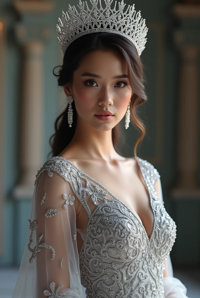 Miss universe, silver long kebaya brookat dress, at miss universe stage, wear crown, elegant, beautiful, 38 C huge boobs, slim, don't smile. Sharp eyes, cool.