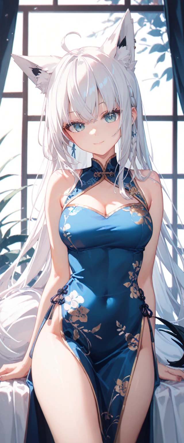 (musterpiece), (best quality), 
1 girl, solo, vtuber style, cool girl, hololive, vtuber, Shirakami Fubuki, white hair, long hair, blue eyes, fox ears, fox tail, medium chest, cheongsam, light smile,