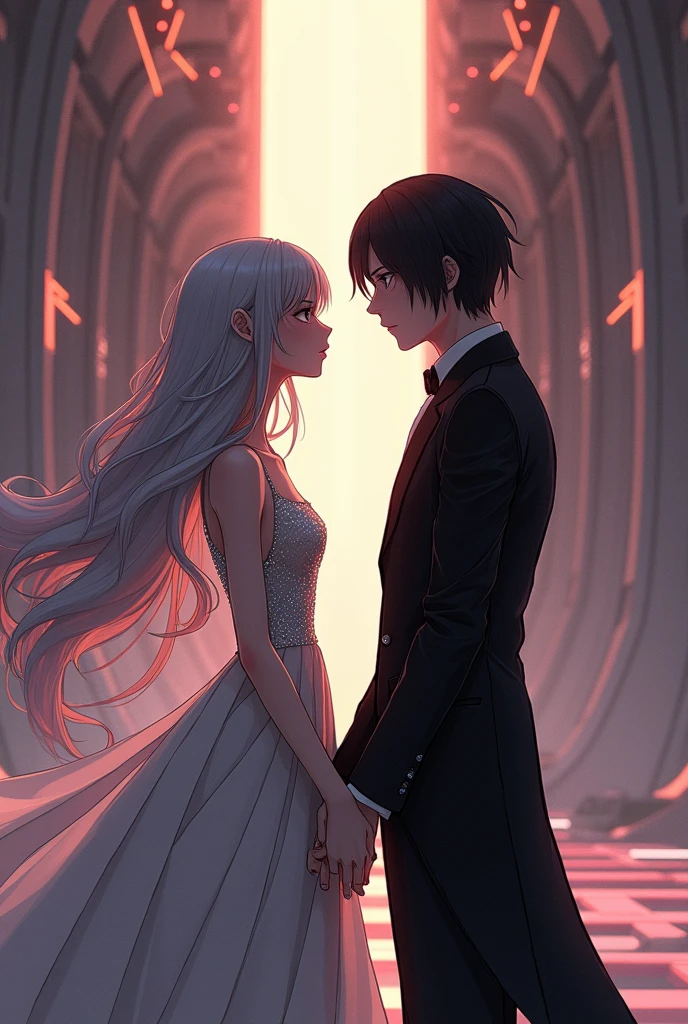 Sanakan and Cibo from Blame! Manga in a wedding dress), (sci-fi theme) Eyes staring at each other, suit black hair, dress striking silver hair, Futuristic atmosphere of the outfit A soft but bright light shines from above. Intimate and romantic atmosphere Highly detailed, exceptionally detailed, cinematic quality, emotionally charged scenes. 