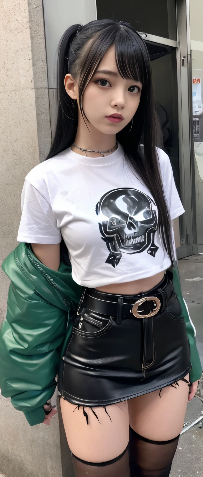 A pure punk idol girl、whole body、Good style、、、、、、、、、、Thick legs、、、Punk tight costume、Neat and clean girl's face、、Silver Long Hair、、Glowing garbage dump、Skull belt、Punk Shirt