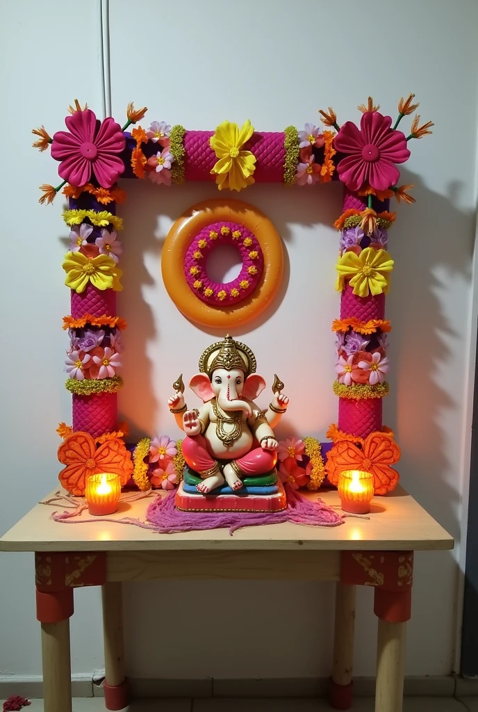 In the background of Ganapati decoration , build a structure with the help of pvc pipes as square shape frame and in the pvc square create circle which is smaller than pvc frame . And decorate the all design with the help of artificial flowers, LED light series.  Size of circle is 2 ft and pvc frame size is 3 ft .My background wall colour is white and all Decorate the top of the PVC pipe and apply colorful cloth on the inner circle and decorate with flowers and garlands and decorate with LED lights inside the inner circle. All this decoration is done on a board which is 2 ft raised from the ground and the board has four bases. .Generate picture I'm giving the all measurements plz create accordingly that , and the ganesha murti is up to 1.5 to 2 ft big ,The PVC pipe will be stuck to the wall above the table and the small round one will be stuck inside the PVC pipe and Ganapati murti will be in front of the decoration. Table is as larger as width of frame