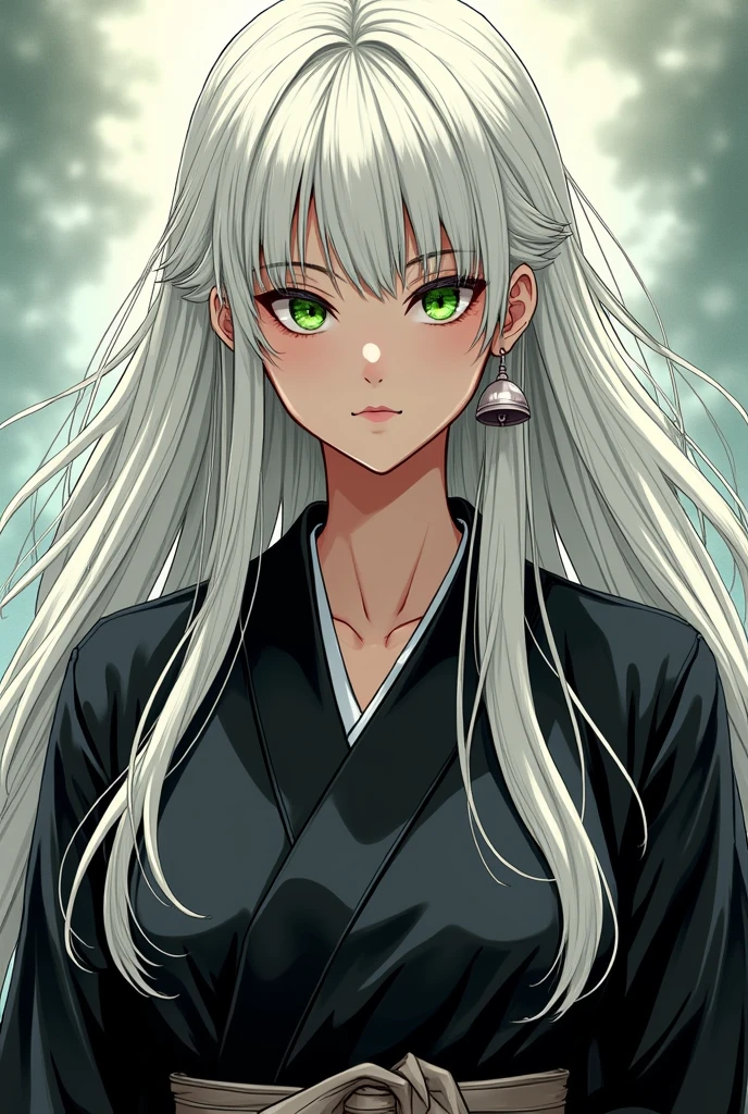 Adult manga woman long white hair with a long bell earring, green eyes dressed in black kimono badass no bangs