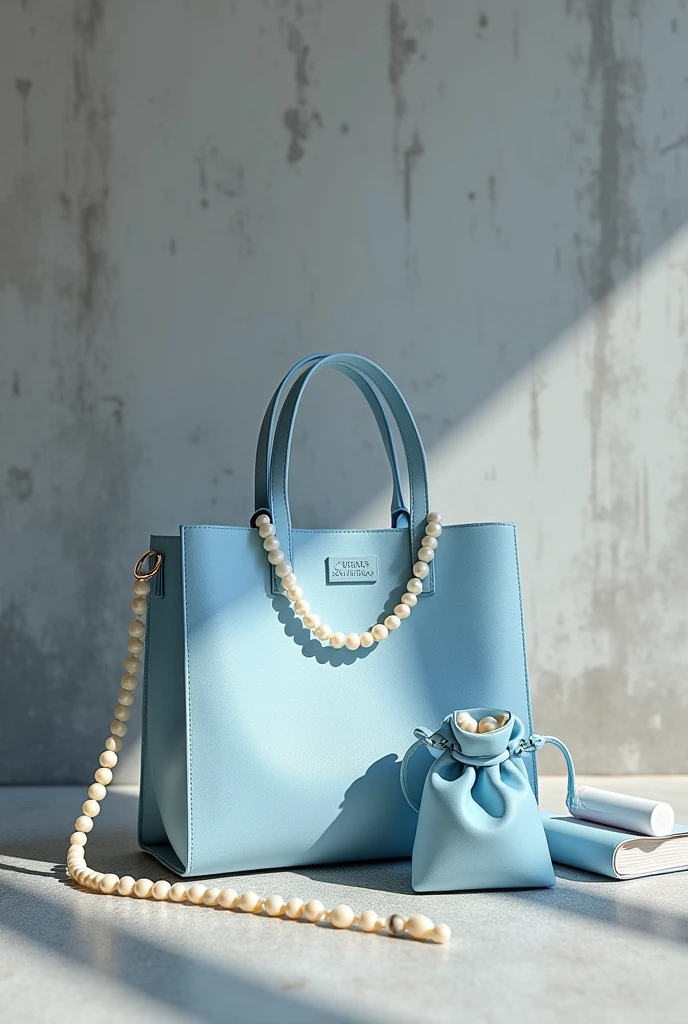InstagramのWhat’s in my bag風、Ultra HD、The background is gray concrete.、Light blue bag、Pearl Necklace、Mini Drawstring Bag、Mini Wallet、Lip balm、Ratio 16:9