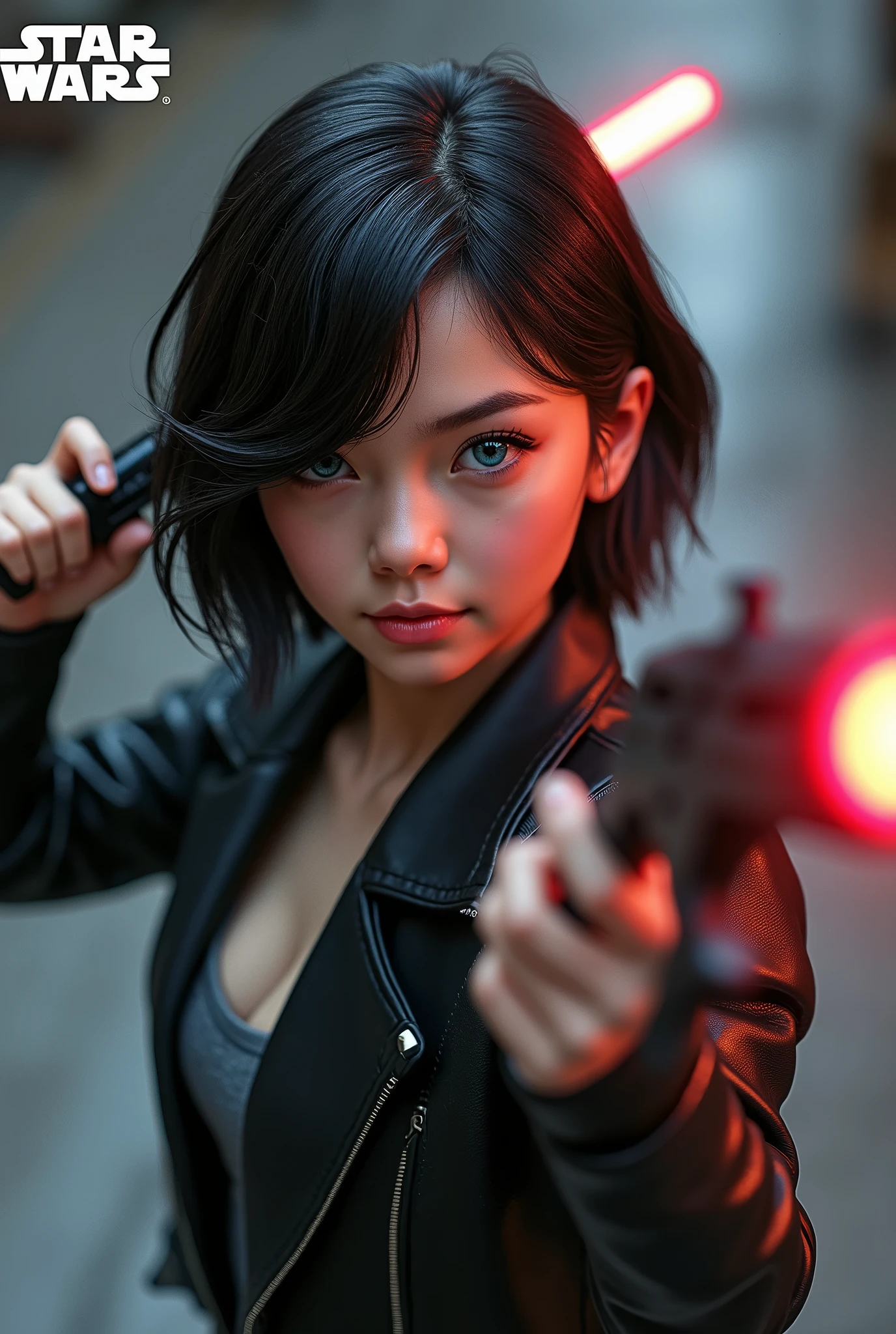 Captured from a high-angle, eye-level perspective, a medium-sized girl, dressed in a black leather jacket, holds a futuristic blaster handgun in her right hand. Her left hand is raised in the air, while her right arm rests on her hip. Her right arm is draped over her shoulder, adding a pop of color to the scene. The girl's hair is a dark brown, full body over the shoulders with bangs, and she's looking off to the side. Her eyes are a piercing blue, and her lips are a lighter shade of brown. Her hair is styled in a bob, with a slight smile on her face. The backdrop is blurred in the background there is 3D text that reads "Star Wars Outlaws" in the background at the top of the picture, creating a stark contrast to the girl. Star Wars Movie Style Science Fiction, Futurism, retina, masterpiece, accurate, anatomically correct, textured skin, super detail, best quality, award winning, highres, 4K, 8k, 16k