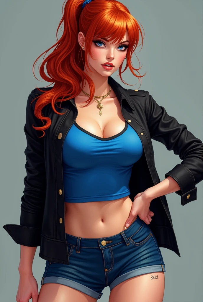 Redhead Woman with Big hips, blue shorts, black jacket and blue shirt with ponytail