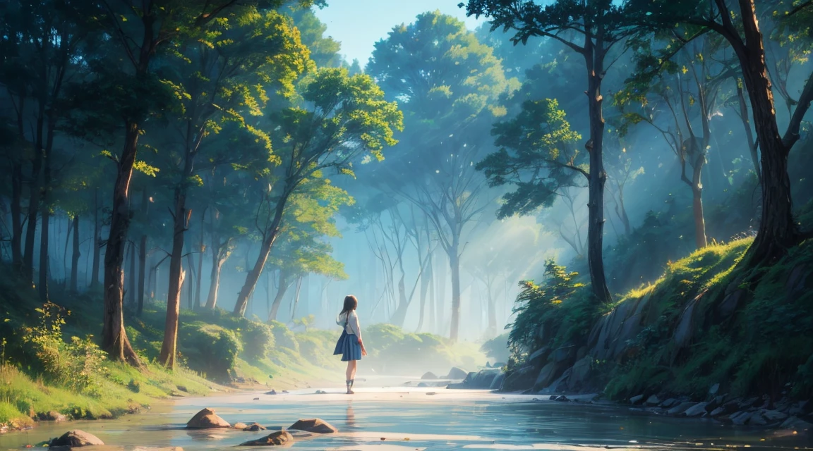 Early morning by the river. The morning sun shines through the forest.、A scene where the surface of the river sparkles。A girl begins to walk along the river。Makoto Shinkai style