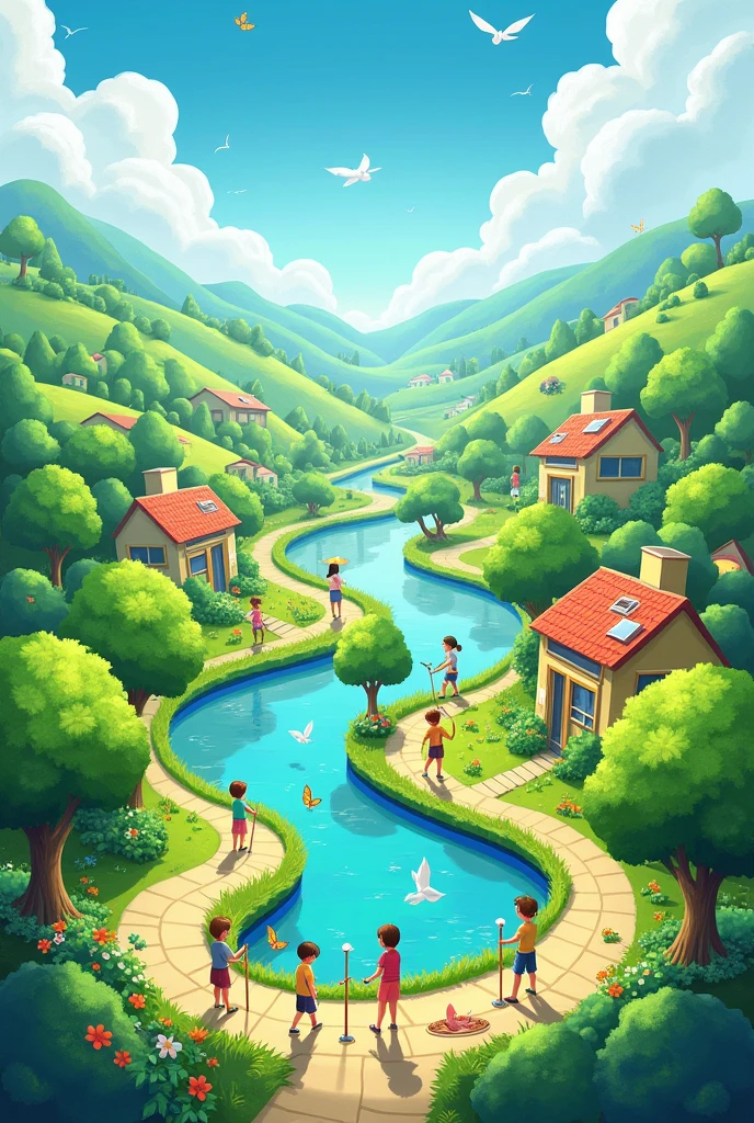 Make a landscape art on the topic " future we want clean and green" make it like one child have make . Add river,house,people planting plants and cleaning the road,
