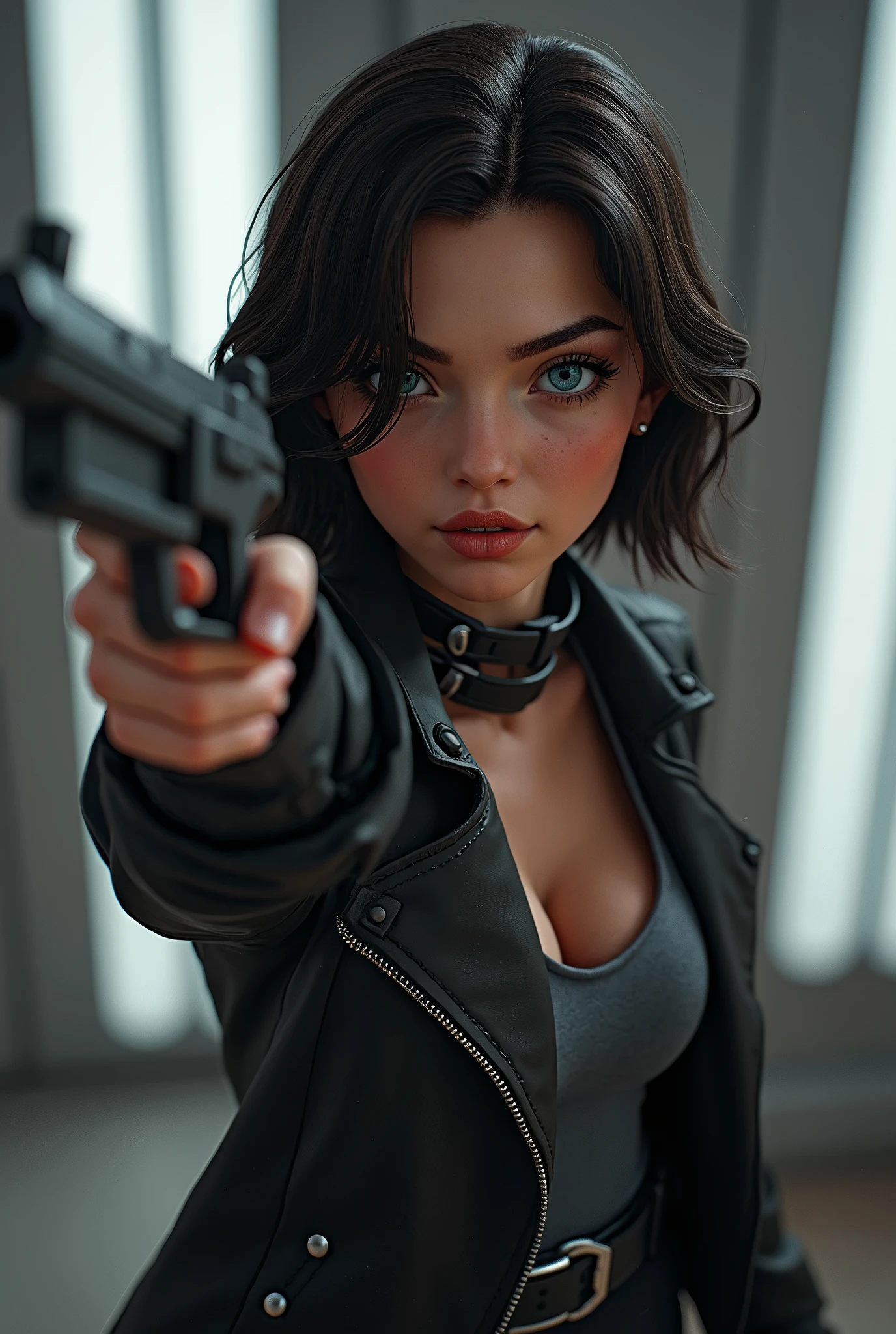 Captured from a high-angle, eye-level perspective, a medium-sized girl, dressed in a black leather jacket, holds a futuristic blaster handgun in her right hand. Her left hand is raised in the air, while her right arm rests on her hip. Her right arm is draped over her shoulder, adding a pop of color to the scene. The girl's hair is a dark brown, full body over the shoulders with bangs, and she's looking off to the side. Her eyes are a piercing blue, and her lips are a lighter shade of brown. Her hair is styled in a bob, with a slight smile on her face. The backdrop is blurred in the background there is 3D text that reads "Star Wars Outlaws" in the background at the top of the picture, creating a stark contrast to the girl. Star Wars Movie Style Science Fiction, Futurism, retina, masterpiece, accurate, anatomically correct, textured skin, super detail, best quality, award winning, highres, 4K, 8k, 16k