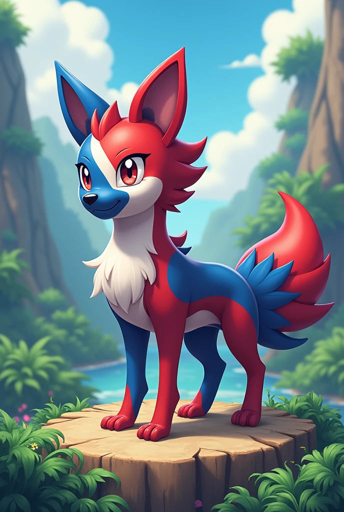 Create a realistic Pokémon that belongs to the island of the Dominican Republic. I want the Pokémon to be a canine with a coat that has the colors of the Dominican flag., which are red, blue and white, that these colors have it in harmony And that it is Fire and Water Type and that everything is drawn In an isometric way And that the Pokémon has three evolutions and that next to it is in each one of them from its pre evolutions to the final