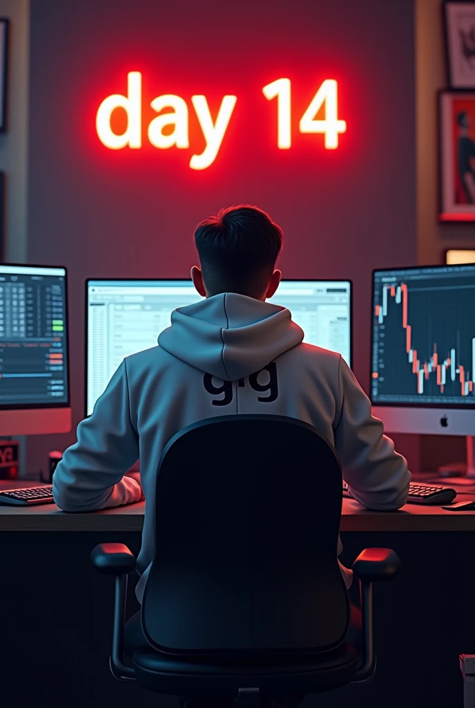 Create a 3d image of a man sitting in trading room on money and working on trading application on his pc the boy face not visible must white hoodie and his name "G G" written on the hoodie. Pic from back side pc monitor visible. And wall "Day 14" written on red neon light.