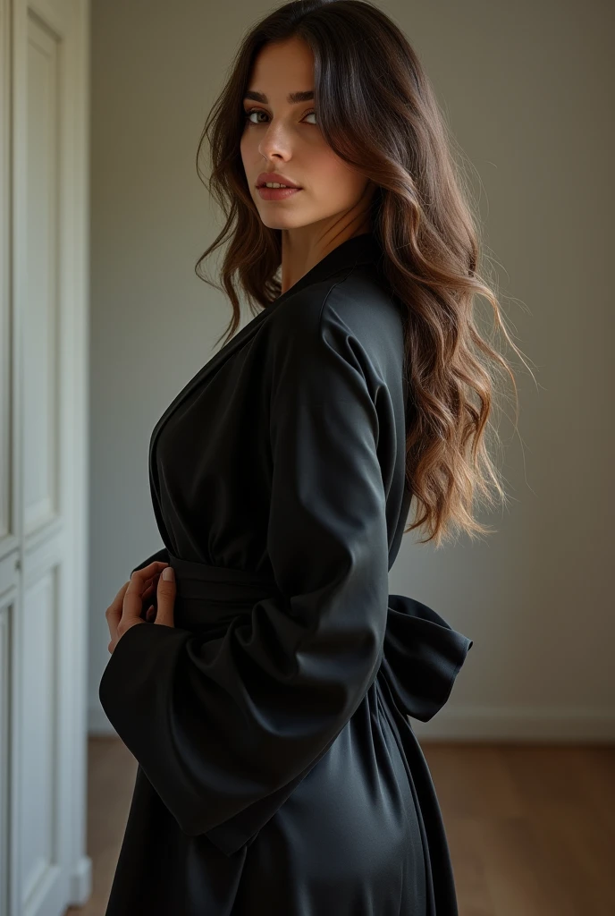 Hot russian girl with long brunette hair wearing a black kimono, standing in a room, arching her back accentuating her beautiful curves and bright image spreaded over legs white girl hot ass and breast, side view