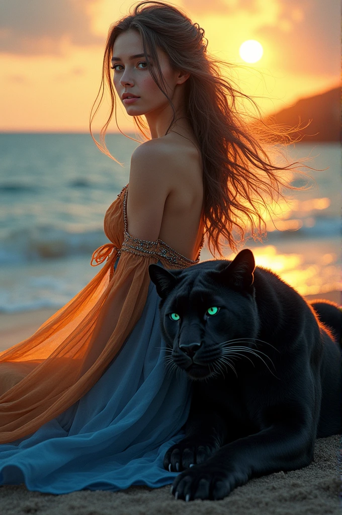 Fille aux yeux marrons et verts, aux cheveux marrons avec des mèches bleues, elle a une robe avec la couleur de la nuit tombante, un coucher de soleil sur sa robe. Elle est assise au bord de la mer. coucher de soleil. On la voit de face et un peu de la mer. Elle a une panthère noire qui est couché à ses pieds et qui a les yeux bleus.