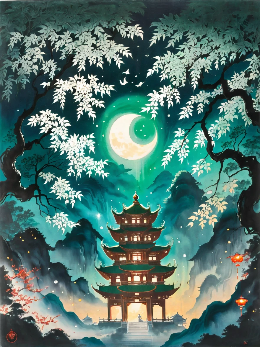 This ancient image was painted by a Japanese artist, showing the graceful silhouette of Ganesha, adorned in elaborate traditional Japanese attire, posing elegantly amidst the full moon that casts a silver glow over the area. The twisted branches of the large trees, their vibrant leaves swaying in the gentle breeze, create a stunning contrast between the deep green and soft white, while the northern lights cast subtle shadows, adding to the mystical atmosphere of this enchanting moment.