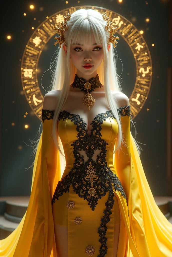 1 2, 1 zodiac goddess from the future, goddess of the pink and purple 12 zodiacs, the goddess of the zodiac in a yellow ao dai, a 12 zodiac ao dai with many black lace detail, mythology Goddess of the 12 zodiacs from the future, zodiac ♏, luxurious glittering zodiac style, dark and mysterious version, zodiac crown, lipstick lips red, thin and beautiful lips, mouth closed, characters made by karol bak and pino daeni, intricate detail, detailed background, extremely detailed, light magic, a woman, clear face, hair long with bangs, beautiful face in detail and well-proportioned eyes, (transparent yellow eyes: 1.8), big round eyes and very beautiful and detailed makeup, foresight, silk dress, mysterious makeup , double bangs and dyed light blonde , upper half portrait, zodiac goddess portrait, arms hanging loosely, Realistic and vivid photo, (stars make up the zodiac: 1.7), (sky background zodiac and fictitious space and time portal: 1.8), fiction art, RAW photo, hanfu picture, best photo, best photo quality, 8k quality, 8k ultra, super realistic, real photo most economical, the goddess poses sexy and seductive,
