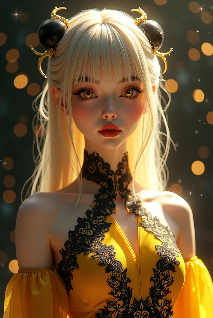 1 2, 1 zodiac goddess from the future, goddess of the pink and purple 12 zodiacs, the goddess of the zodiac in a yellow ao dai, a 12 zodiac ao dai with many black lace detail, mythology Goddess of the 12 zodiacs from the future, zodiac ♏, luxurious glittering zodiac style, dark and mysterious version, zodiac crown, lipstick lips red, thin and beautiful lips, mouth closed, characters made by karol bak and pino daeni, intricate detail, detailed background, extremely detailed, light magic, a woman, clear face, hair long with bangs, beautiful face in detail and well-proportioned eyes, (transparent yellow eyes: 1.8), big round eyes and very beautiful and detailed makeup, foresight, silk dress, mysterious makeup , double bangs and dyed light blonde , upper half portrait, zodiac goddess portrait, arms hanging loosely, Realistic and vivid photo, (stars make up the zodiac: 1.7), (sky background zodiac and fictitious space and time portal: 1.8), fiction art, RAW photo, hanfu picture, best photo, best photo quality, 8k quality, 8k ultra, super realistic, real photo most economical, the goddess poses sexy and seductive,
