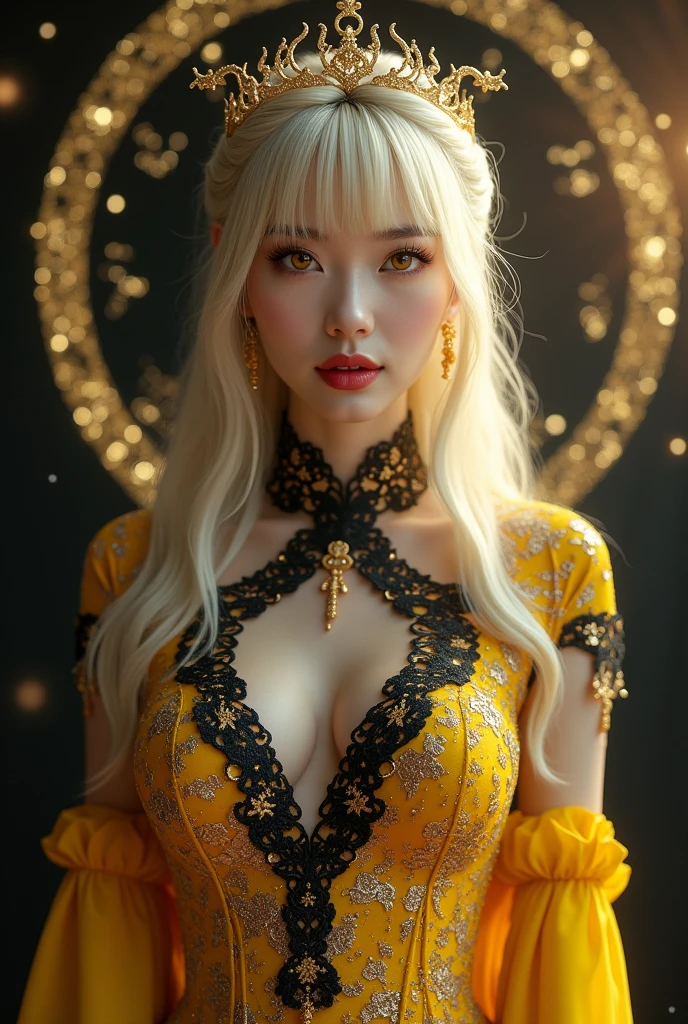 1 2, 1 zodiac goddess from the future, goddess of the pink and purple 12 zodiacs, the goddess of the zodiac in a yellow ao dai, a 12 zodiac ao dai with many black lace detail, mythology Goddess of the 12 zodiacs from the future, zodiac ♏, luxurious glittering zodiac style, dark and mysterious version, zodiac crown, lipstick lips red, thin and beautiful lips, mouth closed, characters made by karol bak and pino daeni, intricate detail, detailed background, extremely detailed, light magic, a woman, clear face, hair long with bangs, beautiful face in detail and well-proportioned eyes, (transparent yellow eyes: 1.8), big round eyes and very beautiful and detailed makeup, foresight, silk dress, mysterious makeup , double bangs and dyed light blonde , upper half portrait, zodiac goddess portrait, arms hanging loosely, Realistic and vivid photo, (stars make up the zodiac: 1.7), (sky background zodiac and fictitious space and time portal: 1.8), fiction art, RAW photo, hanfu picture, best photo, best photo quality, 8k quality, 8k ultra, super realistic, real photo most economical, the goddess poses sexy and seductive,