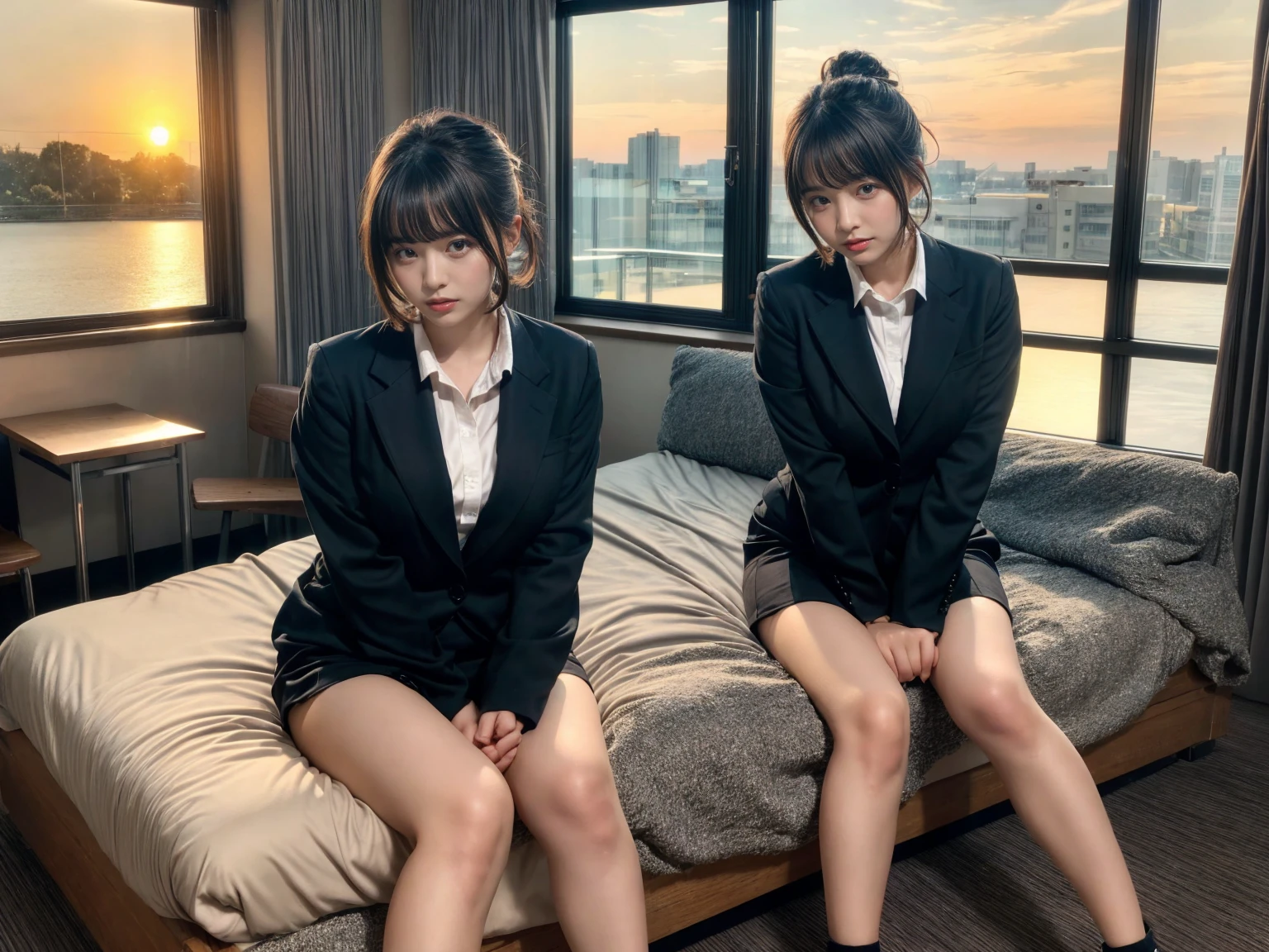 masterpiece, best quality, illustration, Super detailed, fine details, High resolution, 8K,wall paper, perfect dynamic composition,(Details High quality, realistic depiction of eyes:1.3), (2 girls), short hair, Office Lady, ,Suit,Collared shirt, Black Suit,Black jacket, updo, huge breasts,  black hair color, Big Natural Color Lip, bold sexy pose, crying a little、Harajuku style、20 year old girl、cute type、lolita、beautiful legs, hotel room, full body photo、focus on crotch, hposing Gravure Idol, Sexy shot looking at camera, Sunset, by the window, Summer, make up, Curve