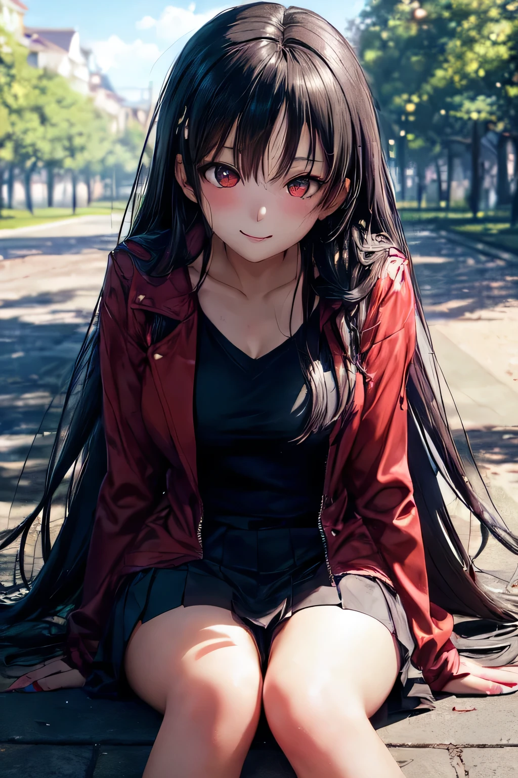 ((1 girl, One)), Mirai \(Senran Kagura\), eye patch, black hair, Very long hair, Red eyes, closed red and black jacket, pink shirt, Black pleated skirt, blush, slight smile, (on open air, in the park, daylight), throw, (((directly in front of the viewer:1.75))), Cat&#39;s ears, cowboy shot, sfw