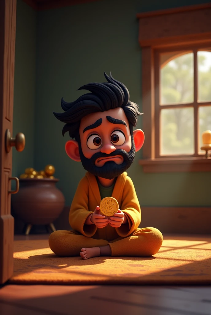 Incinematic 3D cartoon "Anxiety with the Treasure: Show Ramlaal sitting inside his modest home, holding a gold coin, but with a worried expression on his face. The pot of gold is hidden in a corner of the room. The scene should capture the tension and unease, with dim lighting to emphasize his inner turmoil."