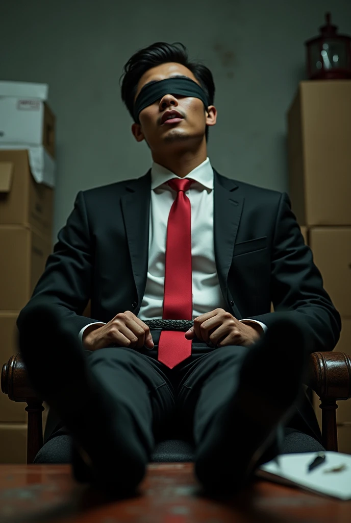 Malaysia malay handsome 21 years celebrity
His hand tied up in warehouse
Blindfolded
Black Suit and Red tie
feet on desk
feather
shoes on desk
5 toes each feet
Black sock
Smock effect smelly sock
2 man holding feather tickle his feet
He laugh very hard