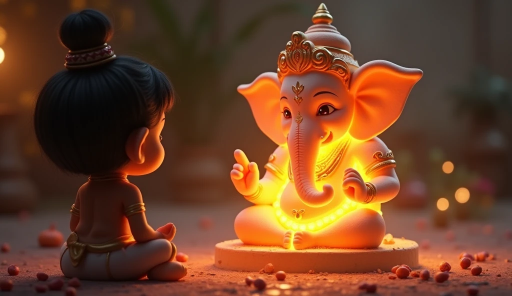 Ganesh Idol Glowing with Divine Light*
   - The clay Ganesh idol starts glowing with a soft divine light. Moha, surprised and overjoyed, watches the miracle. The glow is gentle but magical, creating an enchanting atmosphere around the idol.