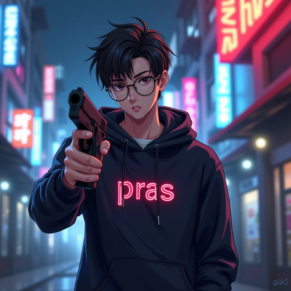 Create a character anime, {{background: text “GLBK”, night city}},
realistic, HDR, use glasses, handsome, korean style, full body, use pistol, age 20, hoodie HD text: “PRAS”
