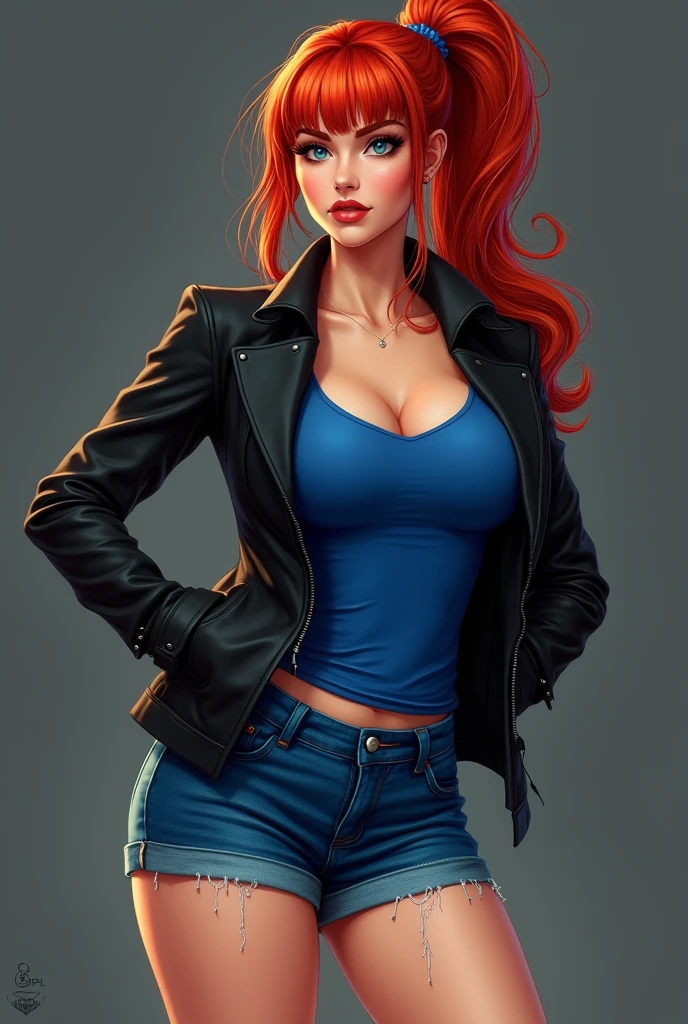 Redhead Woman with Big hips, blue shorts, black jacket and blue shirt with side fringe ponytail