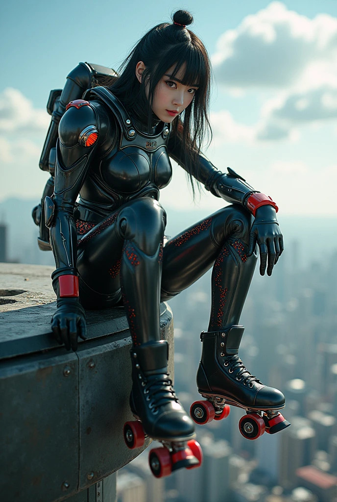 photo-realistic, ultra-realistic, very beautiful Japanese futuristic soldier, famous Japanese idol, dramatic scene, masterpiece, beautiful eyes, wearing a roller skate shoes, sitting on the dangerous edge of the top of the tallest tower, (cyber punk glossy intricated mecha armor suits with brilliant LED markers), acrobatic pose, dynamic angle, (face focus),