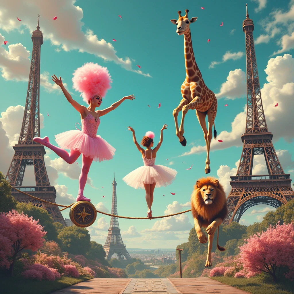 Cotton candy clown, compass ballerina, giraffe on trapeze, Eiffel Tower ballerina, lion tightrope walker, Surreal Scene