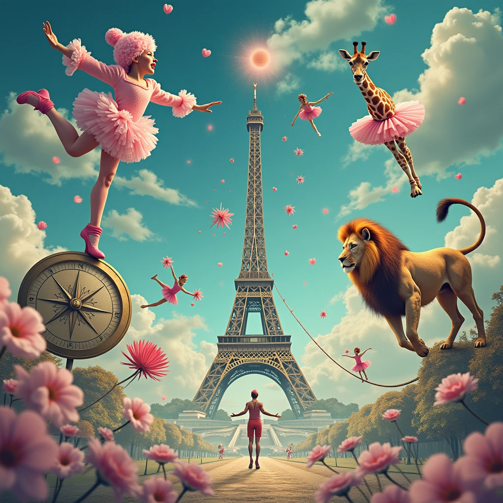 Cotton candy clown, compass ballerina, giraffe on trapeze, Eiffel Tower ballerina, lion tightrope walker, Surreal Scene