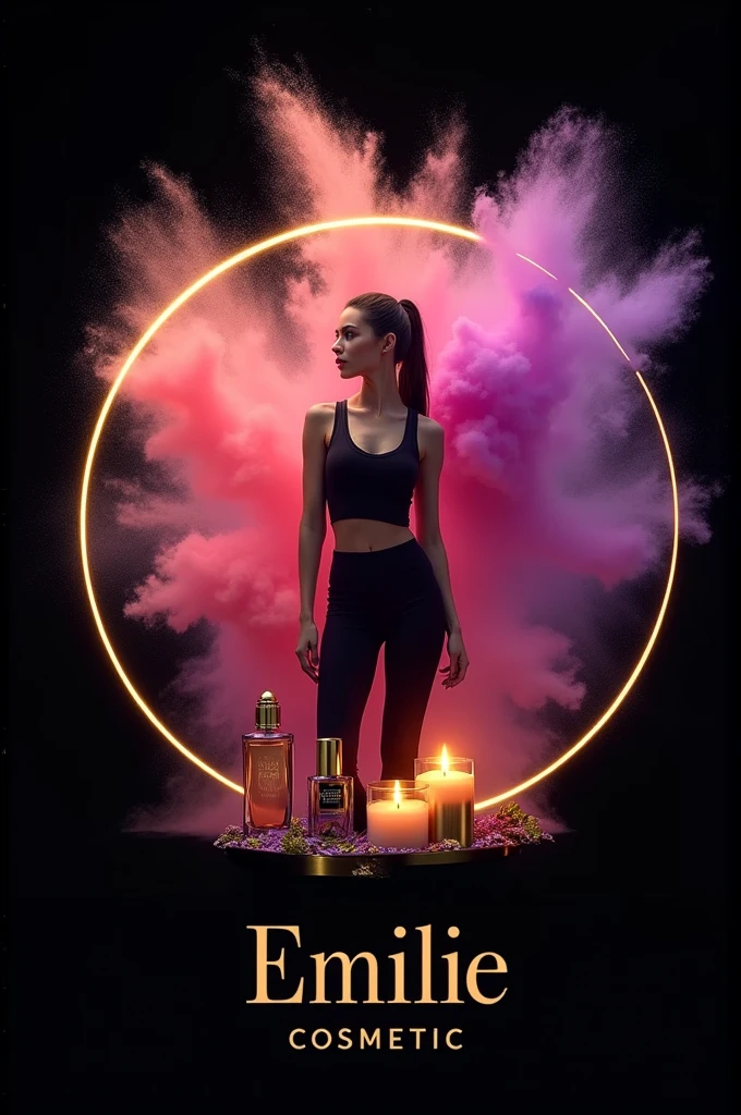 creer un magnifique logo sur un fond noir en forme de cercle doré lumineux autour de ce cercle une explosion de poudre  colorée dans les tons rose/violet , à l interieur du cercle une femme brune,  elle porte un leggins et debardeur coordonné, cheveux attaché , en bas du cercle  ajoute un parfum, quelques produits cosmétique et 2  belle bougies allumées ,  ajoute aussi  le mot " Emilie " en dessous centré   " Cosmetic " sur le cercle