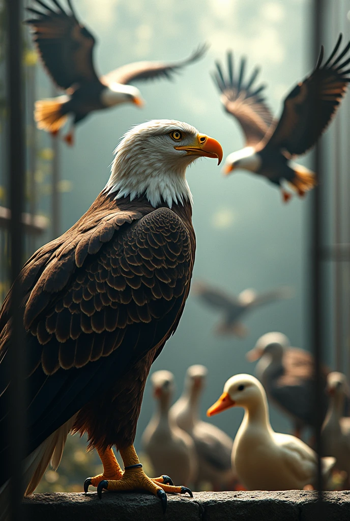 Eagle look at the flying eagles in a cage with duck family