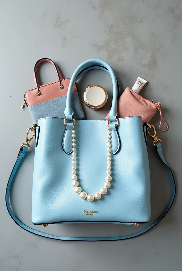 InstagramのWhat’s in my bag風、Ultra HD、Angle of view from above、The background is gray concrete.、Light blue bag、Pearl Necklace、Mini Drawstring Bag、Mini Wallet、Lip balm、Ratio 16:9