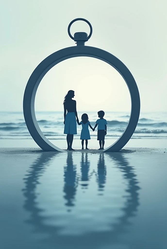 Clock image in the center with a reflection of a family spending time on the beach against a gray clock background and a blue silhouette of the family 