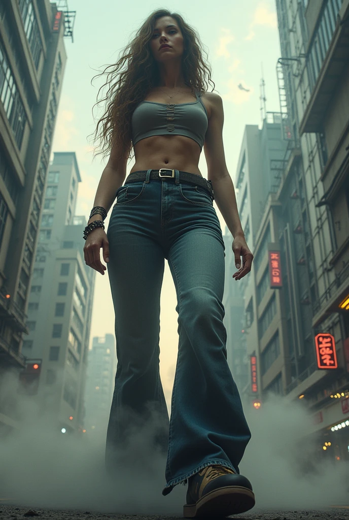 "A towering giantess in a cool and casual hippie style, wearing a crop top and flared pants.. Her toned and strong figure speaks volumes of her immense strength.. She seemed to stroll through the bustling landscape of GTS City, As towering buildings loomed overhead. Smoke and clouds floated around her, Adding a sense of epic scale and drama. The light was dark, gloomy, and realistic, Creating an atmosphere of tension and foreboding. view from below, Underscoring the grandeur and power of the giant woman."