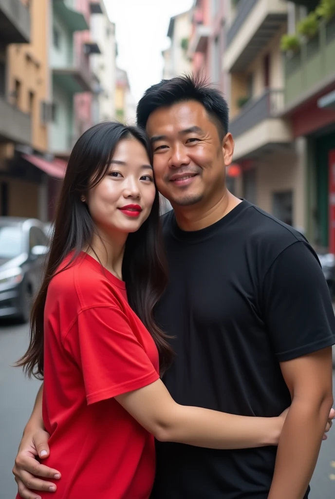 Chinese beautiful girl 23 years-old couple with an Indonesian man 40 years-old, 23 years-old girl as wife, 40 years-old man as her husband, the girl hug the man, the girl wearing red T-shirt, the girl red lips, the man wearing black T-shirt, the girl with the man stands in street city building, curvy body, thick body, little bit fat.