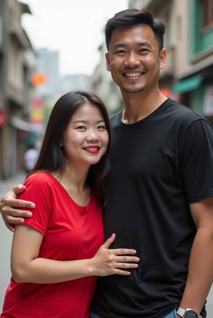 Chinese beautiful girl 23 years-old couple with an Indonesian man 40 years-old, 23 years-old girl as wife, 40 years-old man as her husband, the girl hug the man, the girl wearing red T-shirt, the girl red lips, the man wearing black T-shirt, the girl with the man stands in street city building, curvy body, thick body, little bit fat.