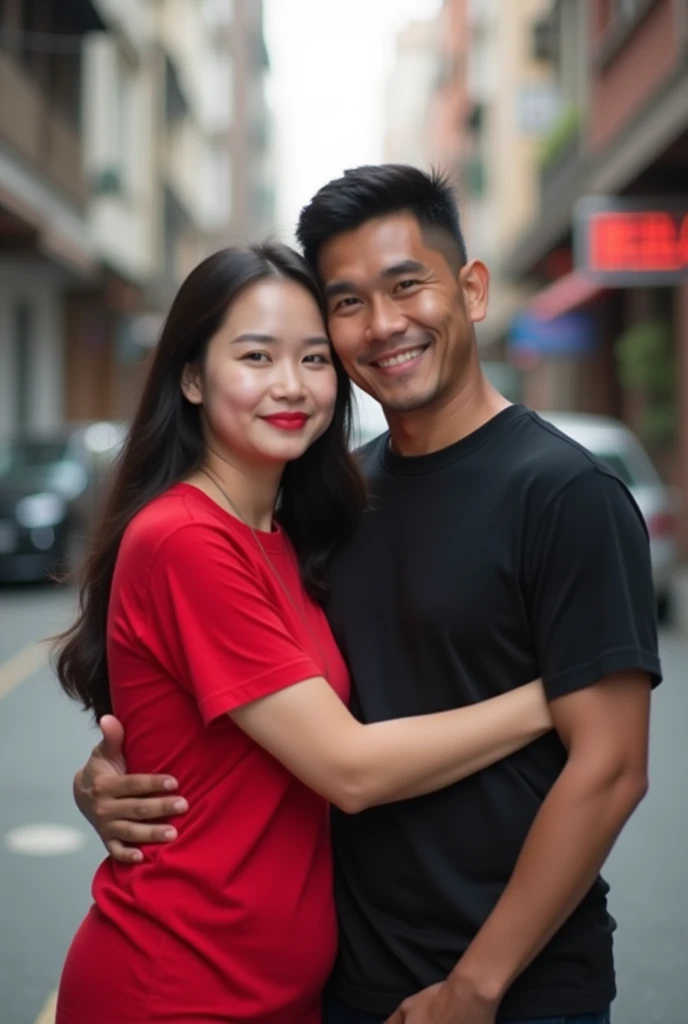 Chinese beautiful girl 23 years-old couple with an Indonesian man 40 years-old, 23 years-old girl as wife, 40 years-old man as her husband, the girl hug the man, the girl wearing red T-shirt, the girl red lips, the man wearing black T-shirt, the girl with the man stands in street city building, curvy body, thick body, little bit fat.