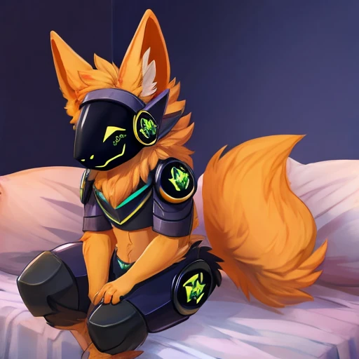 An orange protogen sitting on a bed, smiling