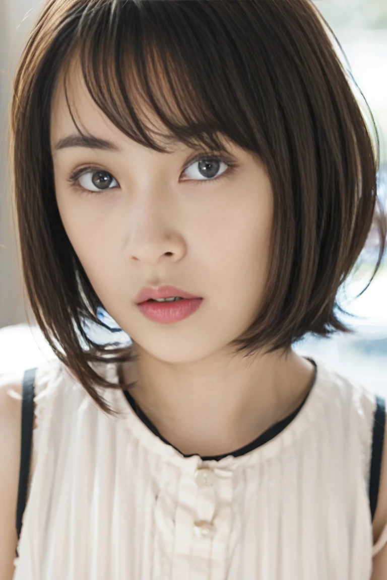 (Realistic、photo Realistic:1.37)、1 girl、(Bob Hair, Shortcuts, Brown Hair)、Hotel、Sit on the bed, (Lace Underwear: 1.2), (Browsing Caution:1.3), Beautiful breasts, Beautiful Skin, Make eye contact with the camera、Very detailed、super high quality
