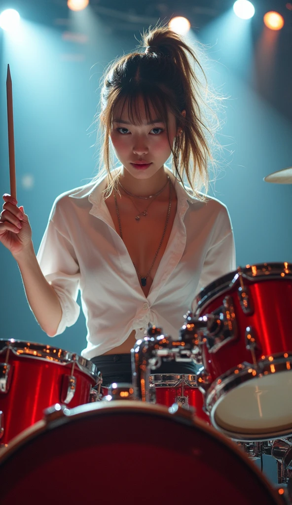 Realistic, Japanese women, drummer, Playing the red drums, rock band, On the concert stage, Brightly lit by stage spotlights, Very bright lighting, white light lighting,Wearing a white shirt, Medium length light brown hair, ponytail, Hair blowing in the wind, Her hair is messy and unkempt.., beautiful, White and translucent skin, Sweat splash, Charming person, Very large breasts, Show me my skin, Natural Makeup, Small Nose, Smooth jawline, Glossy face, Blushing cheeks, 大きなsmile高解像度, Anatomically correct, Highest quality, Very detailed, Attention to detail, Looking down, Cowboy Shot, vision, smile,enjoy,Wide-angle shot,