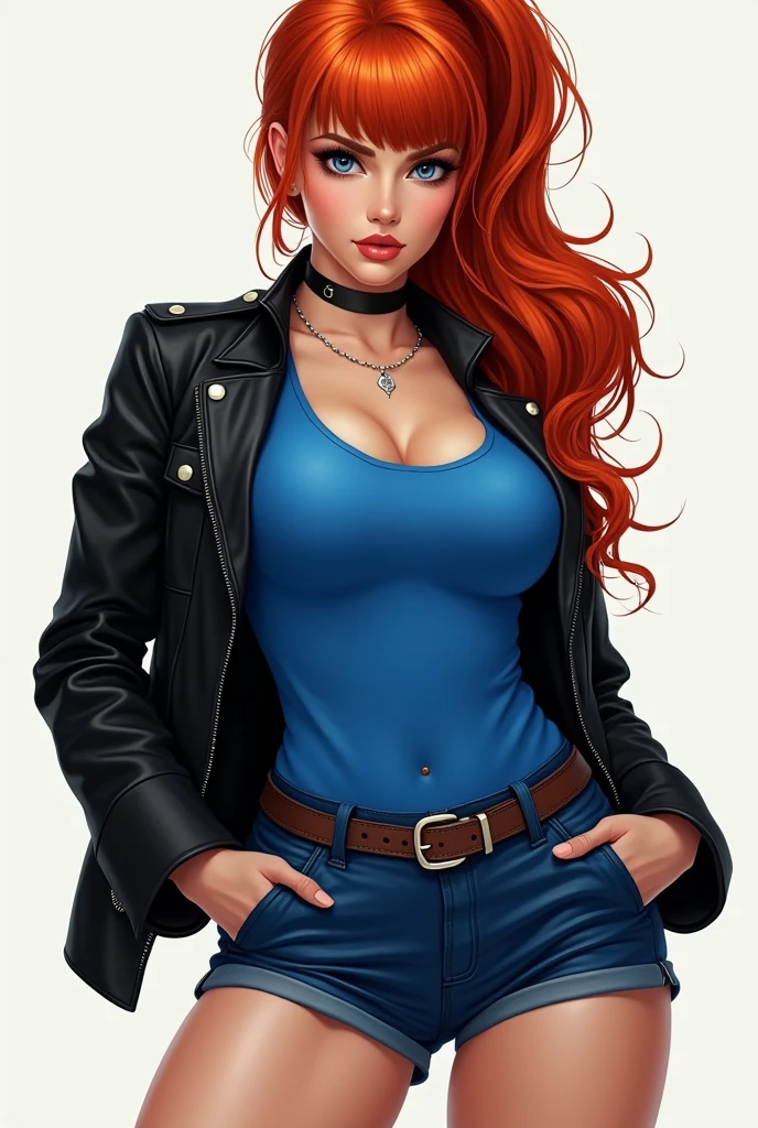Redhead Woman with Big hips, blue shorts, black jacket and blue shirt with side fringe ponytail