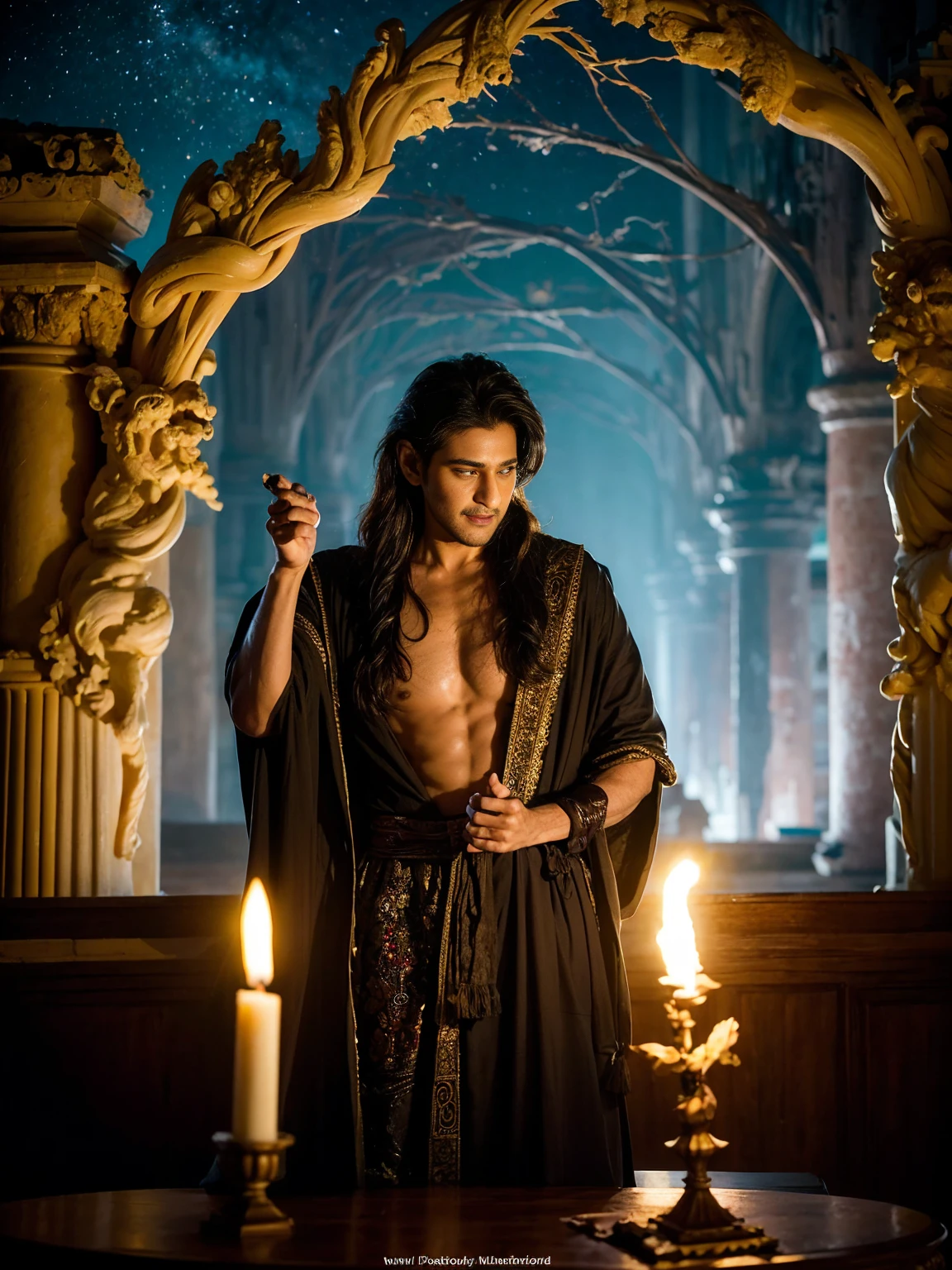 (Highest quality, Ultra HD, 16k, Masterpiece) In an ancient, enchanted castle, Mahesh Babu takes on the role of a powerful and wise wizard in a world filled with magic and mystery. The scene is set within the grand halls of a mystical school, with towering stone walls covered in ivy, glowing torches casting warm light, and magical artifacts floating in the air. The atmosphere is rich with wonder and ancient magic, capturing the essence of a fantasy adventure.

Mahesh Babu, dressed in a flowing, dark robe adorned with intricate golden embroidery, holds a gleaming, intricately carved wand in one hand. His robe flows elegantly around him, with the golden designs shimmering in the flickering torchlight. His expression is calm yet determined, with a sense of wisdom and inner strength emanating from his piercing eyes. A pair of round, enchanted glasses rest on his nose, glowing faintly with arcane energy, enhancing his connection to the magical world around him.

Behind him, the enchanted castle is alive with magic. Floating candles illuminate the grand hall, while enchanted books and scrolls hover around, glowing softly as they drift through the air. The background features towering bookshelves filled with ancient tomes, mysterious artifacts, and enchanted potions, all set against the backdrop of a vast, arched window overlooking a moonlit, starry night sky.

The poster’s composition highlights Mahesh Babu in a powerful stance, ready to cast a spell, with the intricate details of his wand and robe contrasting beautifully with the mystical, glowing elements of the castle. The title of the movie, “The Sorcerer’s Legacy,” is elegantly inscribed at the top in a magical, swirling font, while the tagline below reads, “In a world of magic, destiny awaits the chosen one