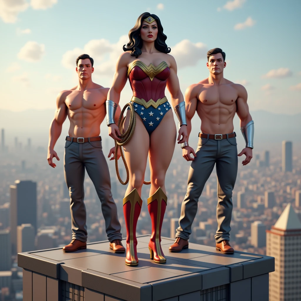 3D art Wonder Woman with large breasts and muscular body standing at the top of building with two shirtless men