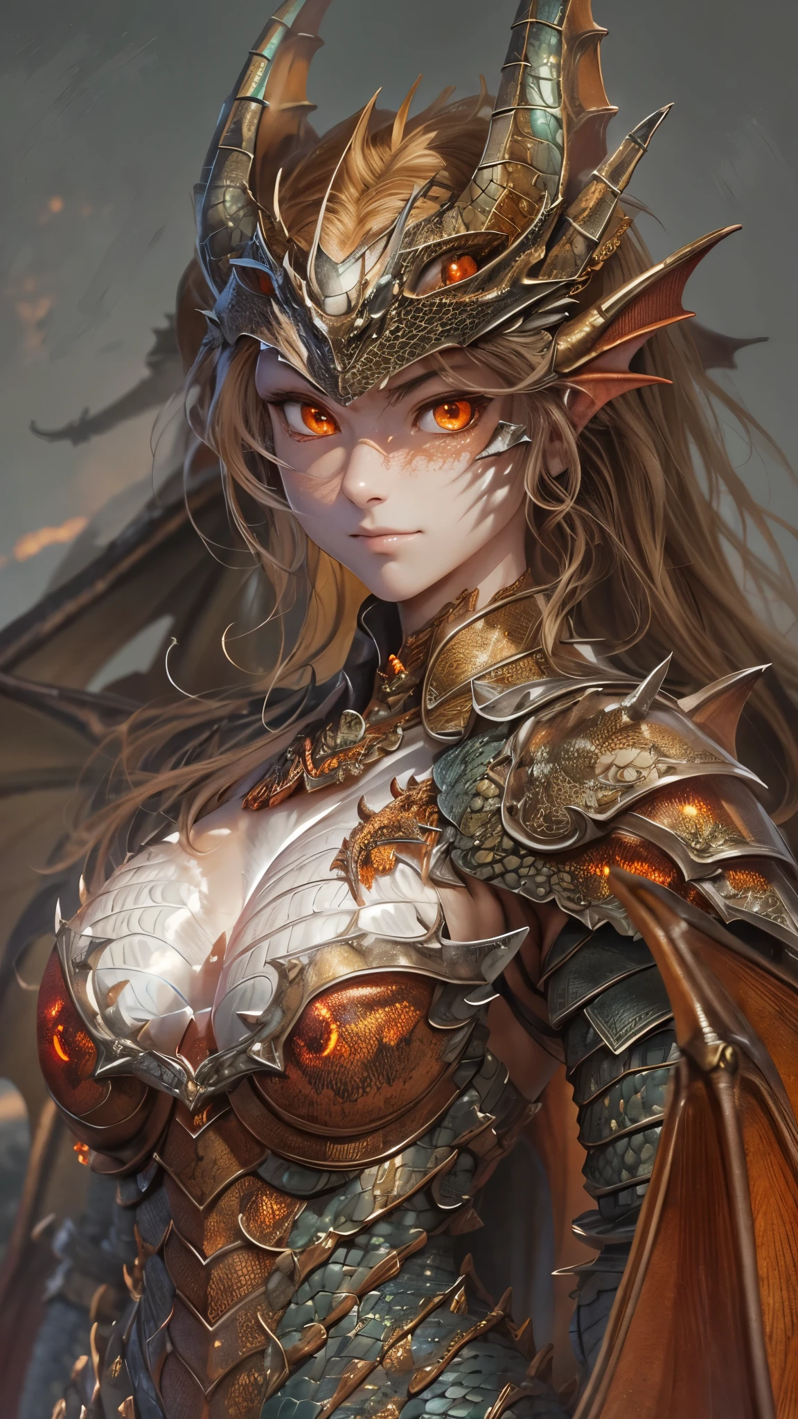 ((Highest quality)),(Ultra-high resolution),(Super detailed),(Detailed Description),((The best CG)),(masterpiece),Highly detailed art,(Art with precise detail:1.5), (Rugged armor with a dragon motif:1.5),(Beautiful and well-proportioned face:1.3),(Red glowing eyes:1.3),(Scale skin:1.9),赤い唇から覗くsharp牙:1.3,Giant bat wings:1.4,nail,sharp,disaster々Wearing a bright aura:1.4,