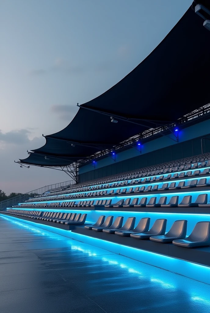 4 rows aluminium audience stadium bench without back post covered with one huge black fabric and decorated with blue LED strips.