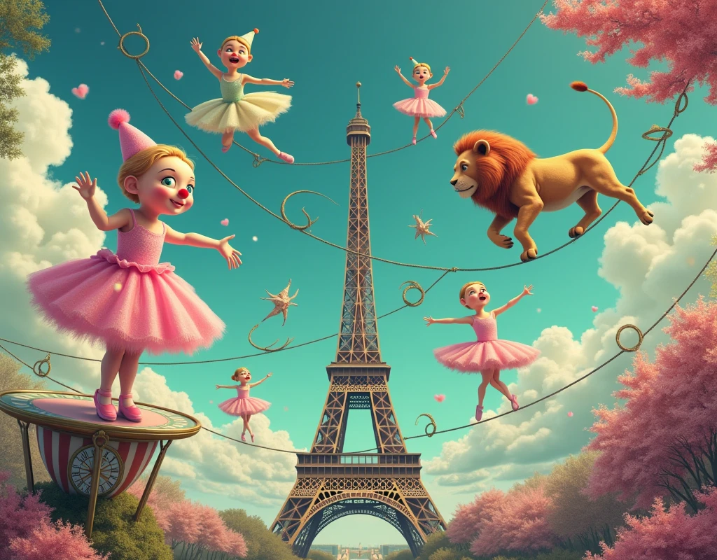 Cotton candy clown, compass ballerina, giraffe on trapeze, Eiffel Tower ballerina, lion tightrope walker, Surreal Scene