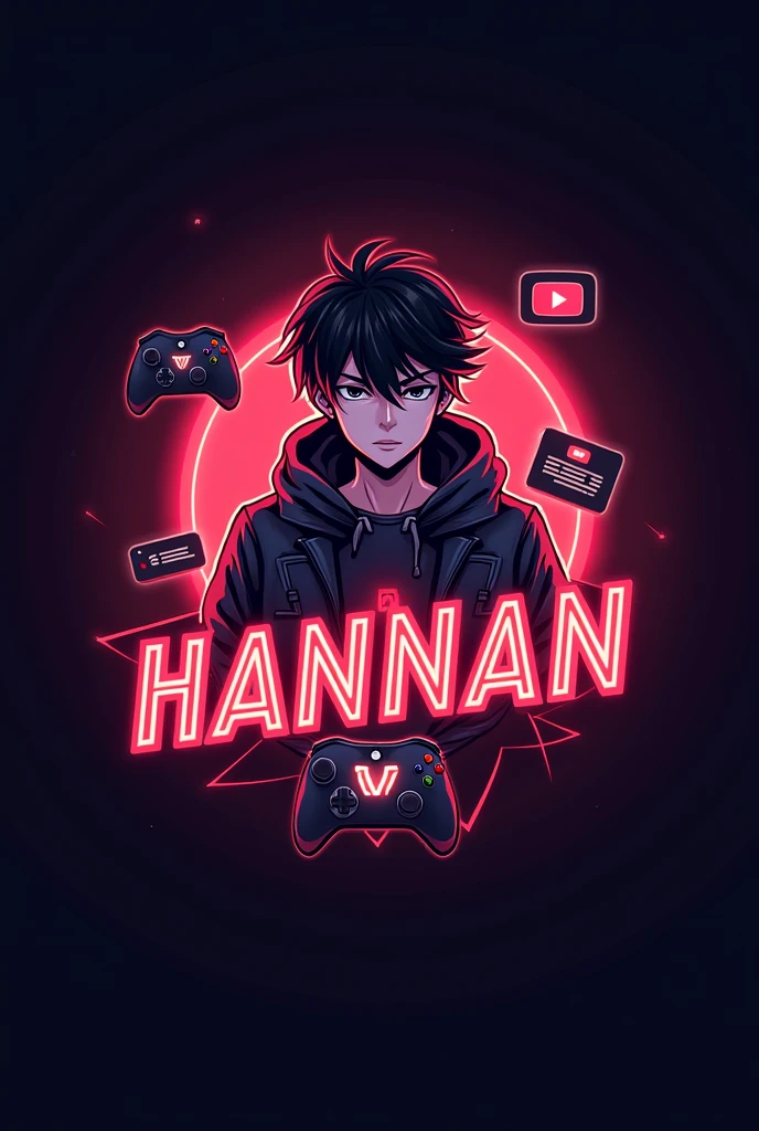 Prompts-this is a gaming logo that features tha name DNG Hannan in a futuristic font and a neon red color. And boy anime avtar, the logo also has a stylized controller icon and a You Tube