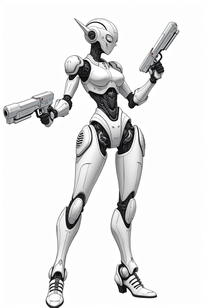 a drawing of an anime girl robot with a gun in its hand, line art, traditional anime art, mech girl,