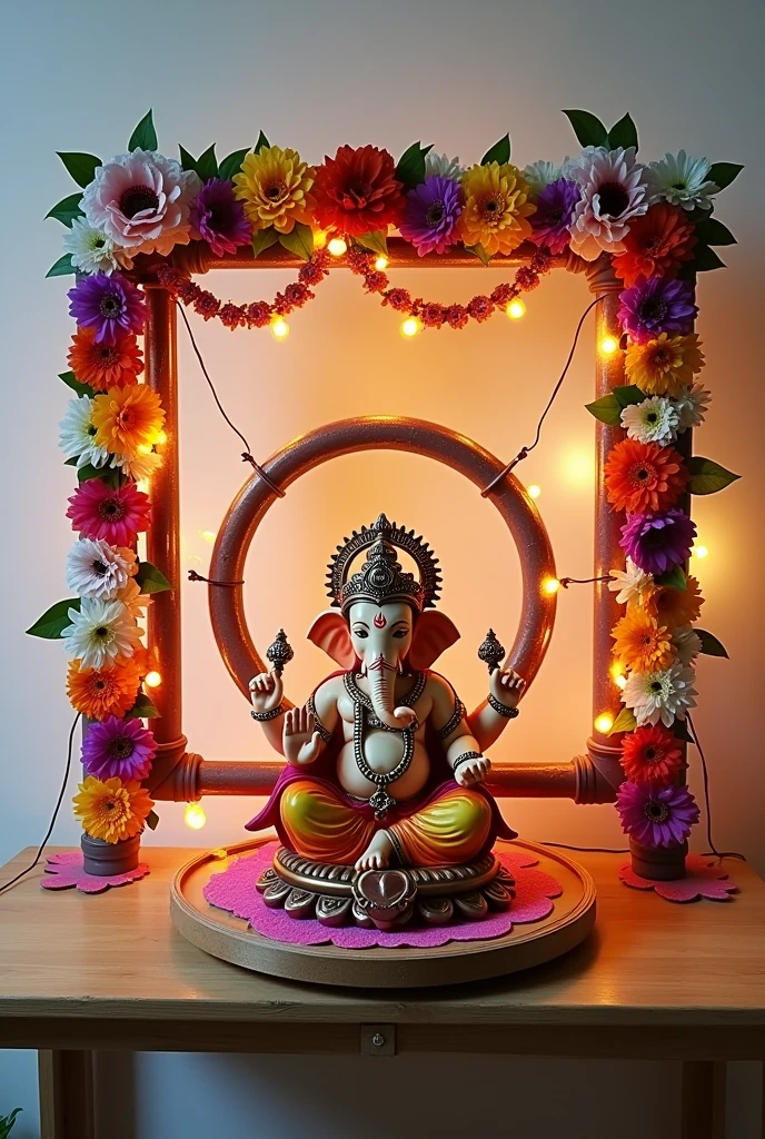 In the background of Ganapati decoration , build a structure with the help of pvc pipes as square shape frame and in the pvc square create circle which is smaller than pvc frame . And decorate the all design with the help of artificial flowers, LED light series. Size of circle is 2 ft and pvc frame size is 3 ft .My background wall colour is white and all Decorate the top of the PVC pipe and apply colorful cloth on the inner circle and decorate with flowers and garlands and decorate with LED lights inside the inner circle. All this decoration is done on a board which is 2 ft raised from the ground and the board has four bases. .Generate picture I'm giving the all measurements plz create accordingly that , and the ganesha murti is up to 1.5 to 2 ft big ,The PVC pipe will be stuck to the wall above the table and the small round one will be stuck inside the PVC pipe and Ganapati murti will be in front of the decoration. Table is as larger as width of frame , the pvc frame is thinner size is 1.5 to 2 inch
